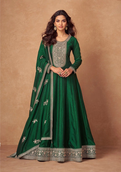 Green Premium Silk Embroidery Work Gown
