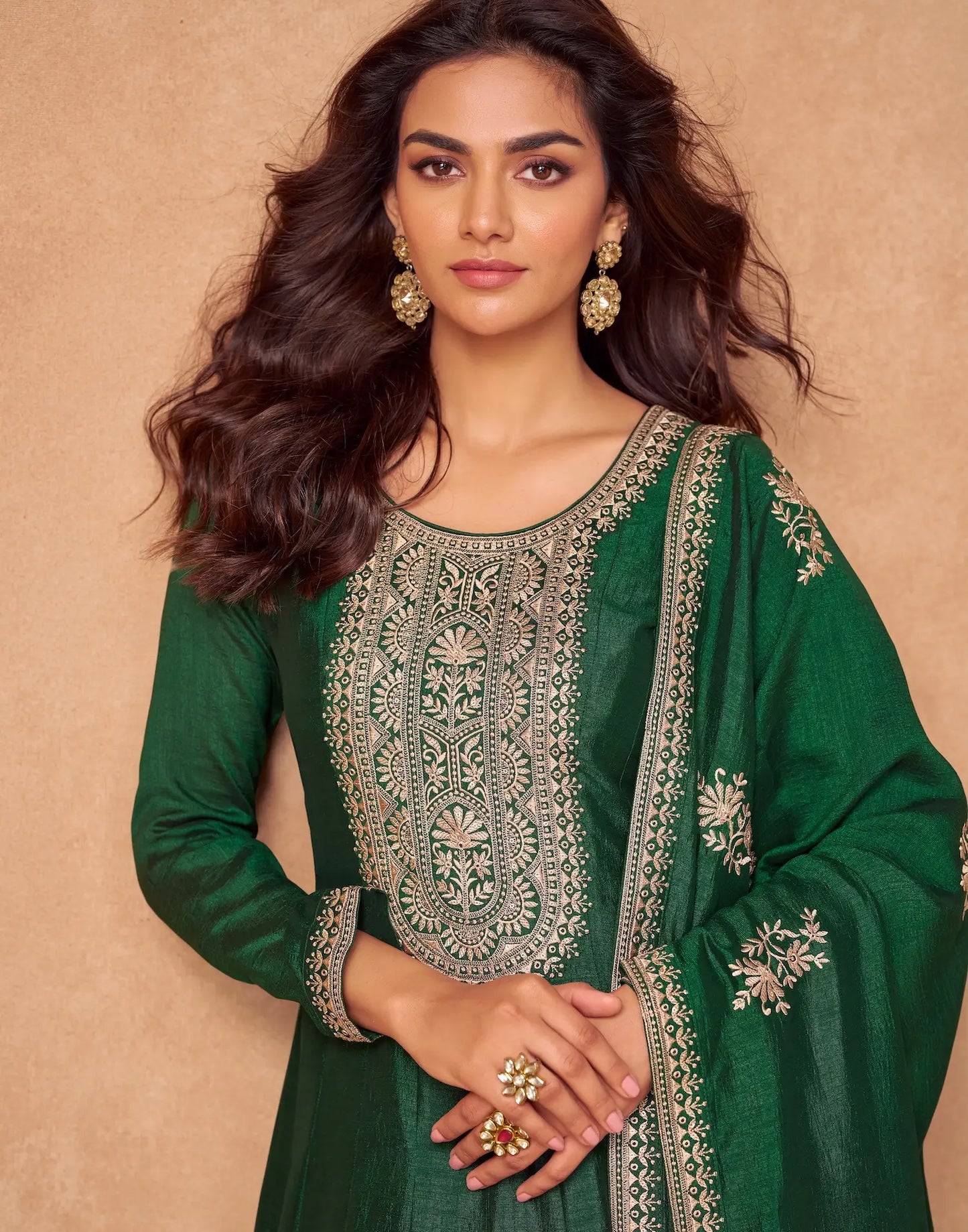 Green Premium Silk Embroidery Work Gown