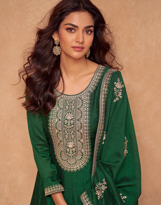 Green Premium Silk Embroidery Work Gown