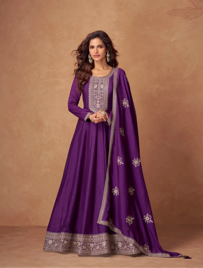 Purple Premium Silk Embroidery Work Gown