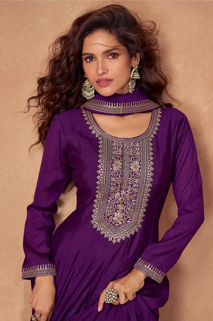 Purple Premium Silk Embroidery Work Gown