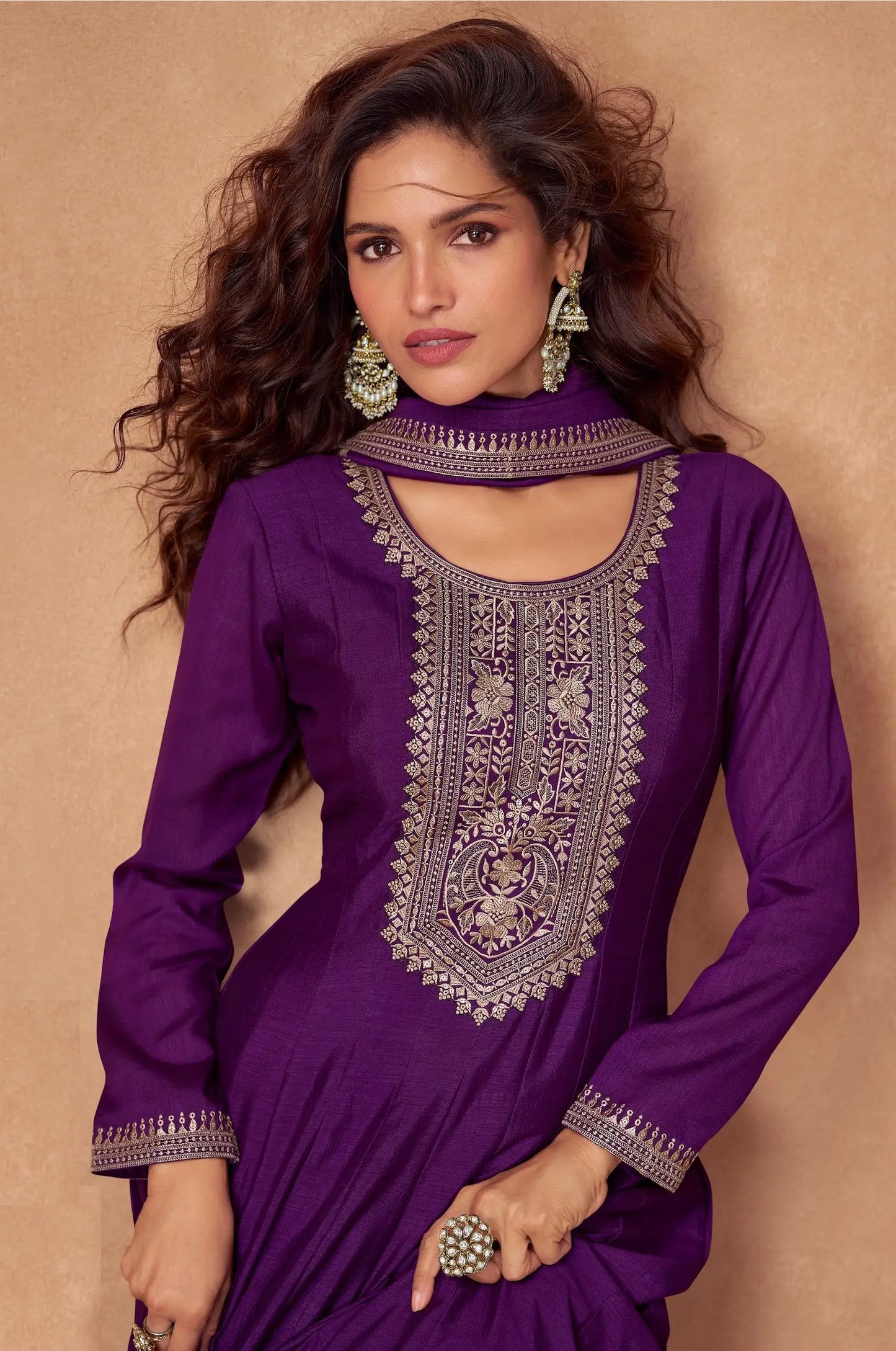 Purple Premium Silk Embroidery Work Gown