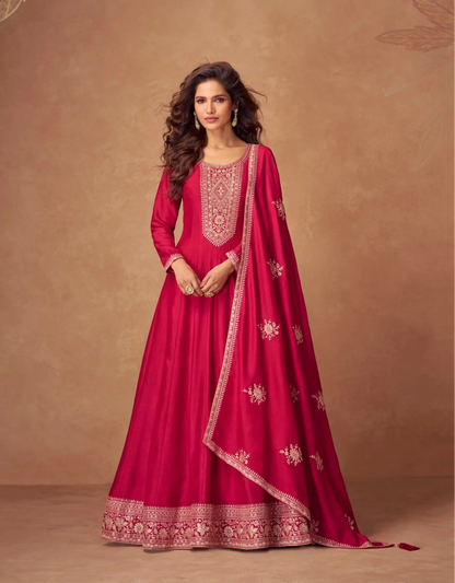 Red Premium Silk Embroidery Work Gown