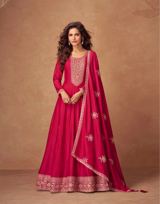 Red Premium Silk Embroidery Work Gown