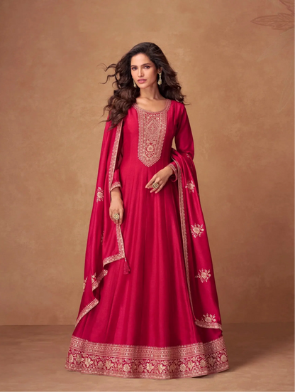 Red Premium Silk Embroidery Work Gown