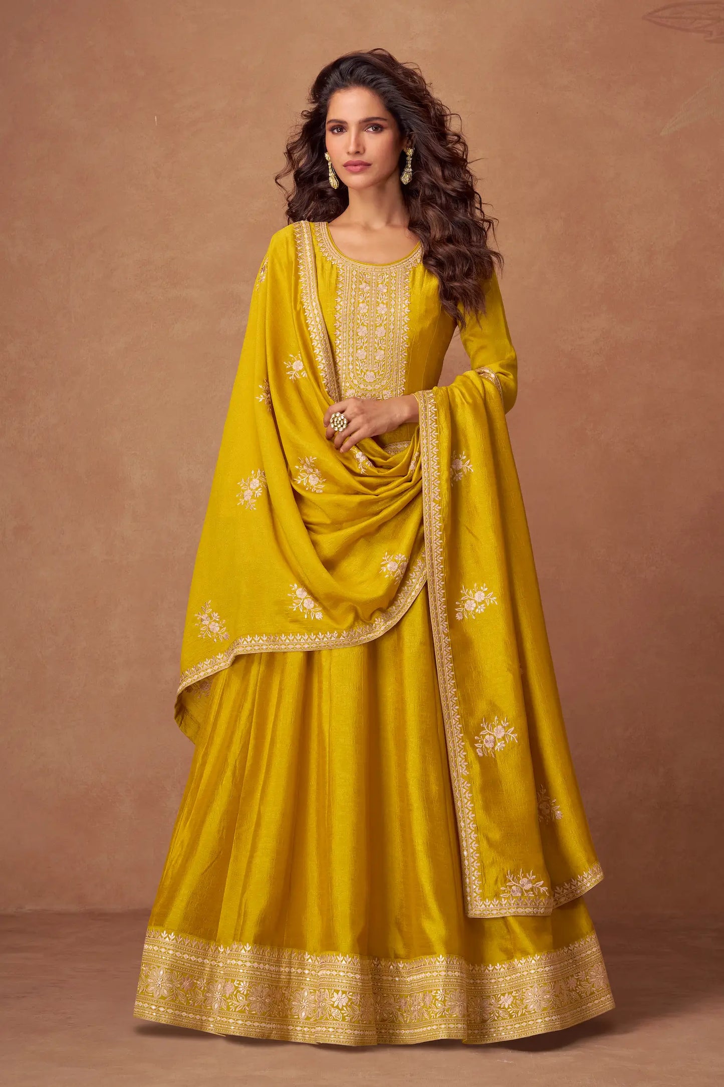 Yellow Premium Silk Embroidery Work Gown