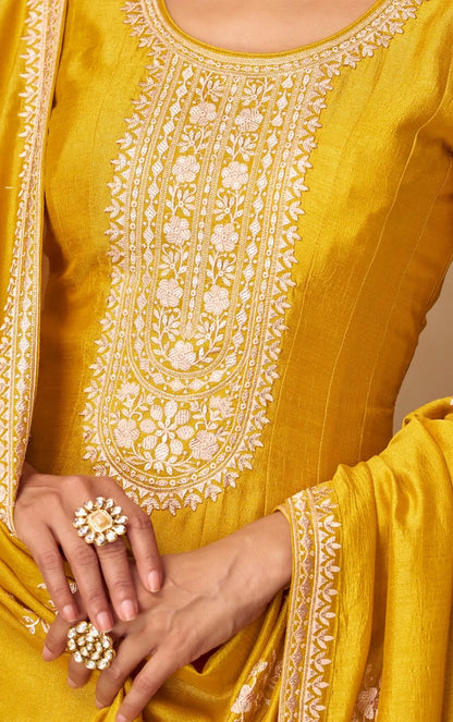 Yellow Premium Silk Embroidery Work Gown