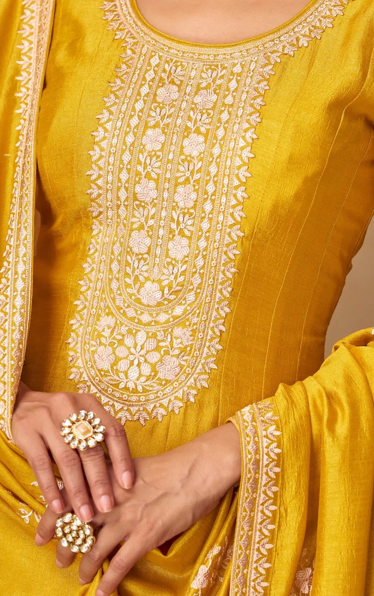 Yellow Premium Silk Embroidery Work Gown