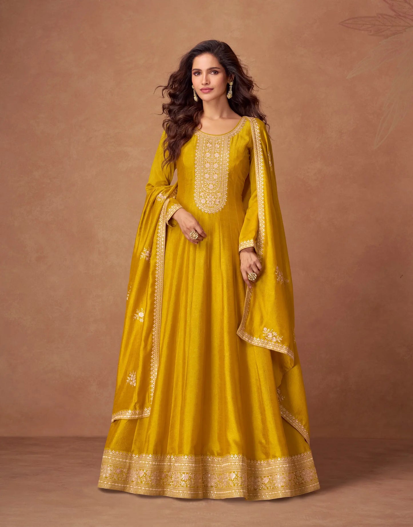Yellow Premium Silk Embroidery Work Gown