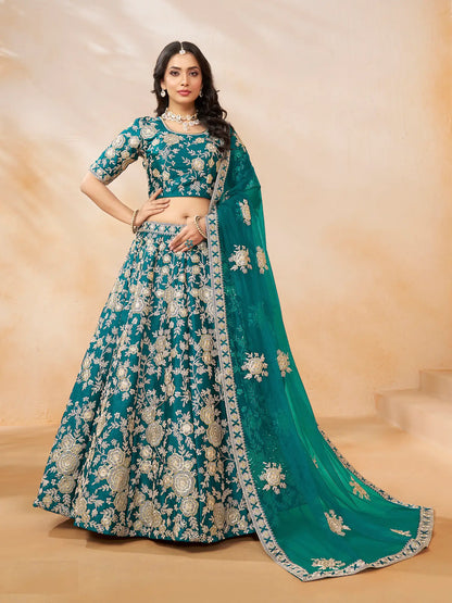 Teal Blue Art Silk Lehenga Choli With Thread & Sequence Embroidery Work
