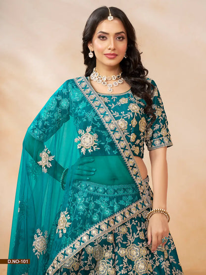 Teal Blue Art Silk Lehenga Choli With Thread & Sequence Embroidery Work