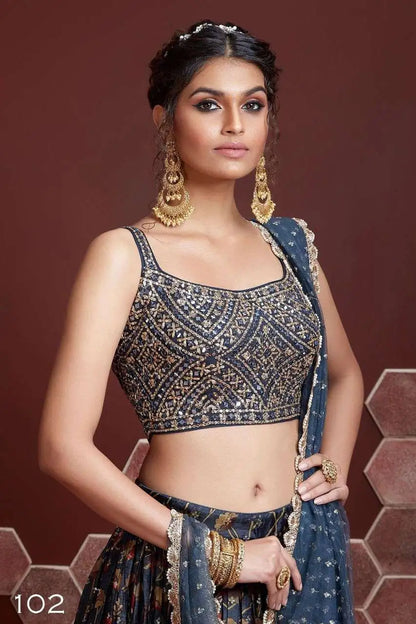 Davy Grey Blue Lehenga With Digital Print And Heavy Embroidery Work With Real Mirror Work