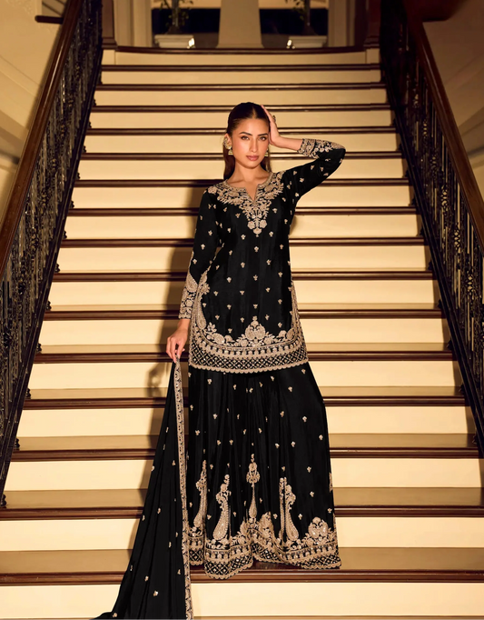 Black Chinon Heavy Embroidered Salwar Suit