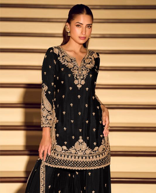 Black Chinon Heavy Embroidered Salwar Suit