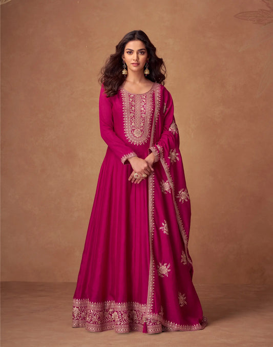 Pink Premium Silk Embroidery Work Gown