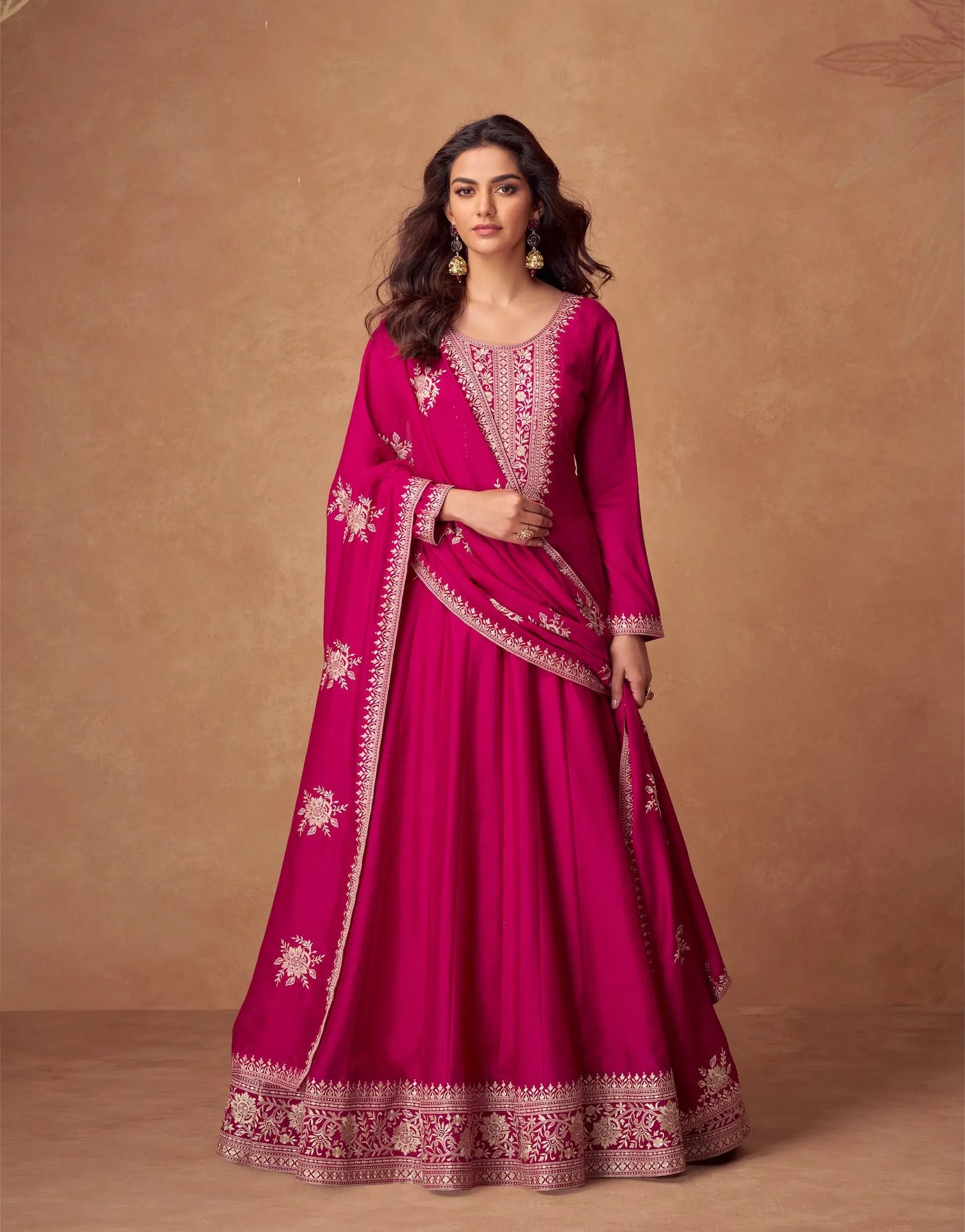 Pink Premium Silk Embroidery Work Gown