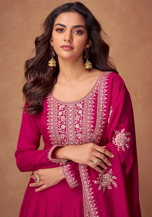 Pink Premium Silk Embroidery Work Gown
