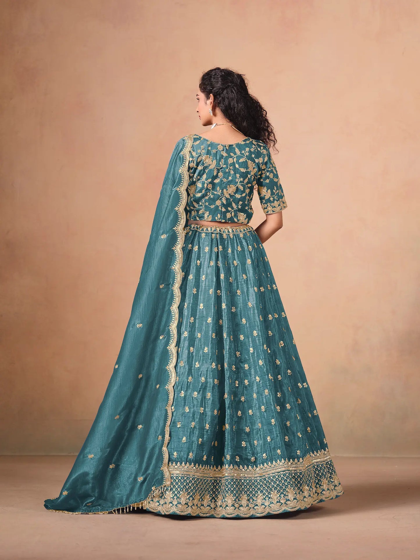 Teal Blue Organza Embroidery Work Lehenga Choli