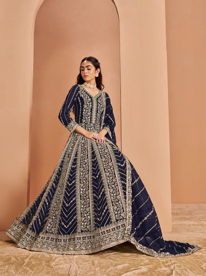 Navy Blue Georgette Gown With Sequence & Thread Embroidery Work