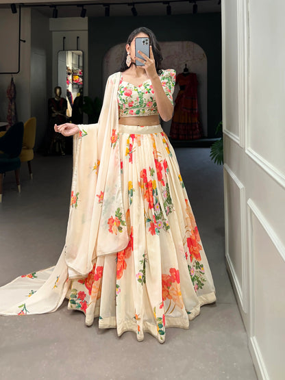 Cream Georgette Floral printed Lehenga Choli
