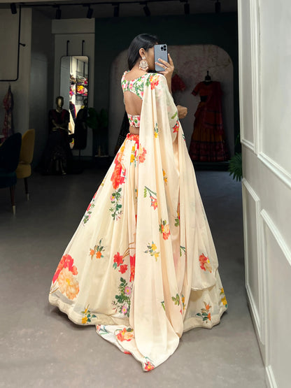 Cream Georgette Floral printed Lehenga Choli