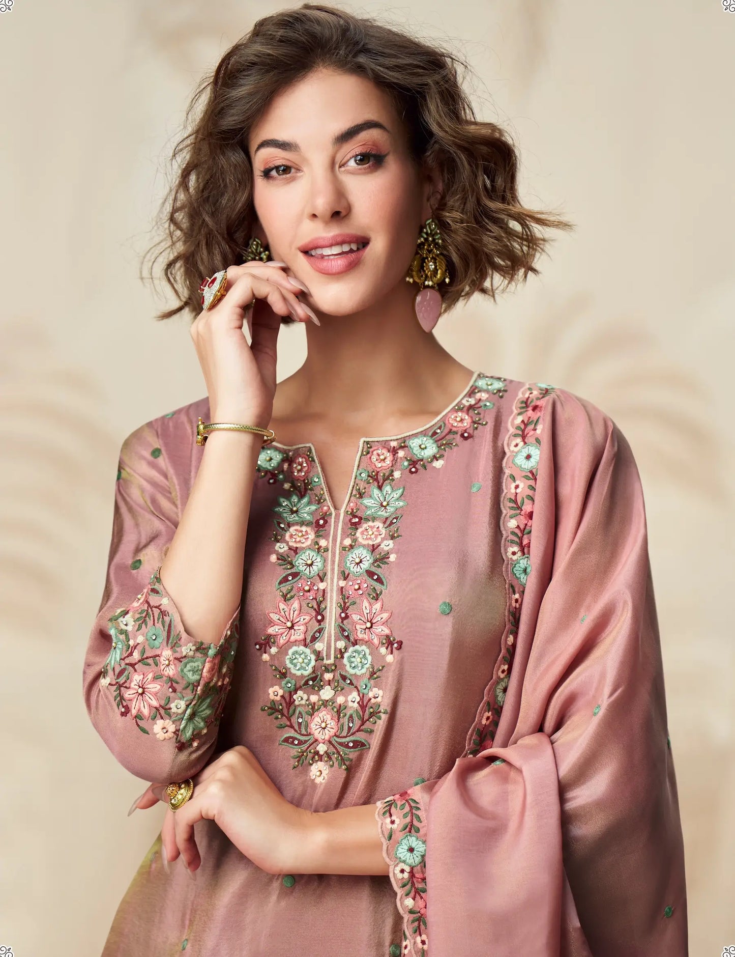 Dusty Pink Shimmer Silk Embroidery Work Salwar Suit