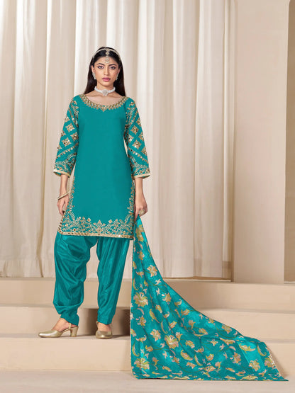 Teal Blue Roman Silk Embroidery Work Salwar Suit