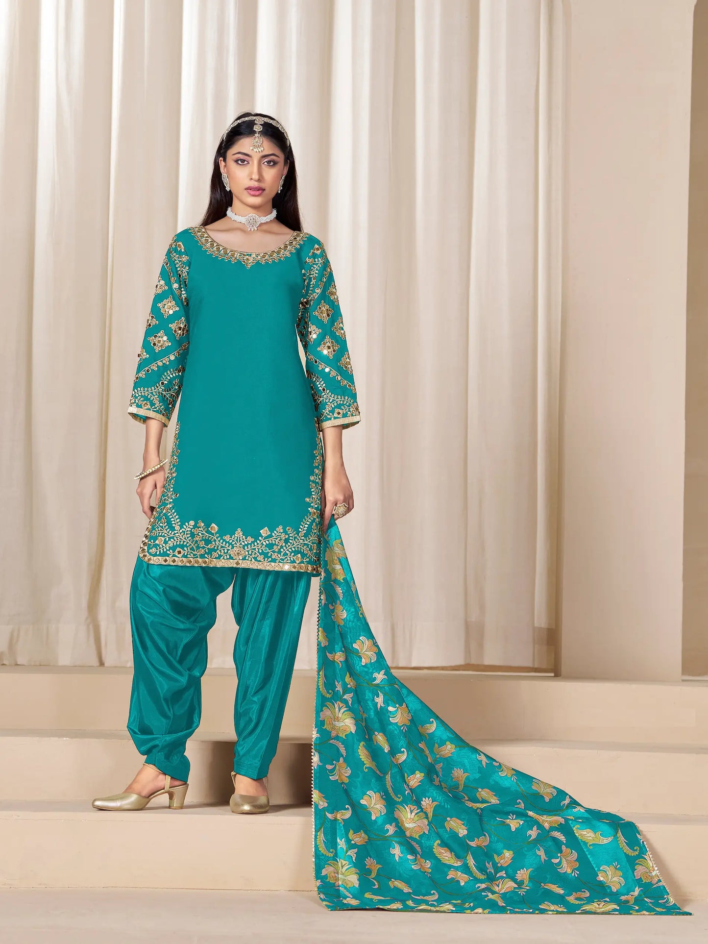 Teal Blue Roman Silk Embroidery Work Salwar Suit