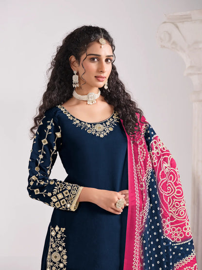 Navy Blue Silk Salwar Suit With Mirror Work & Embroidery