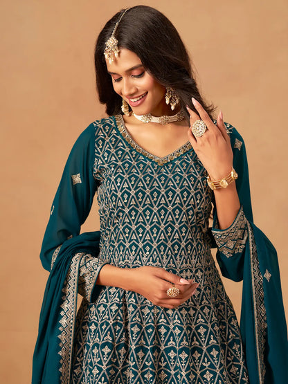 Teal Blue Georgette Embroidery Work Palazzo Set