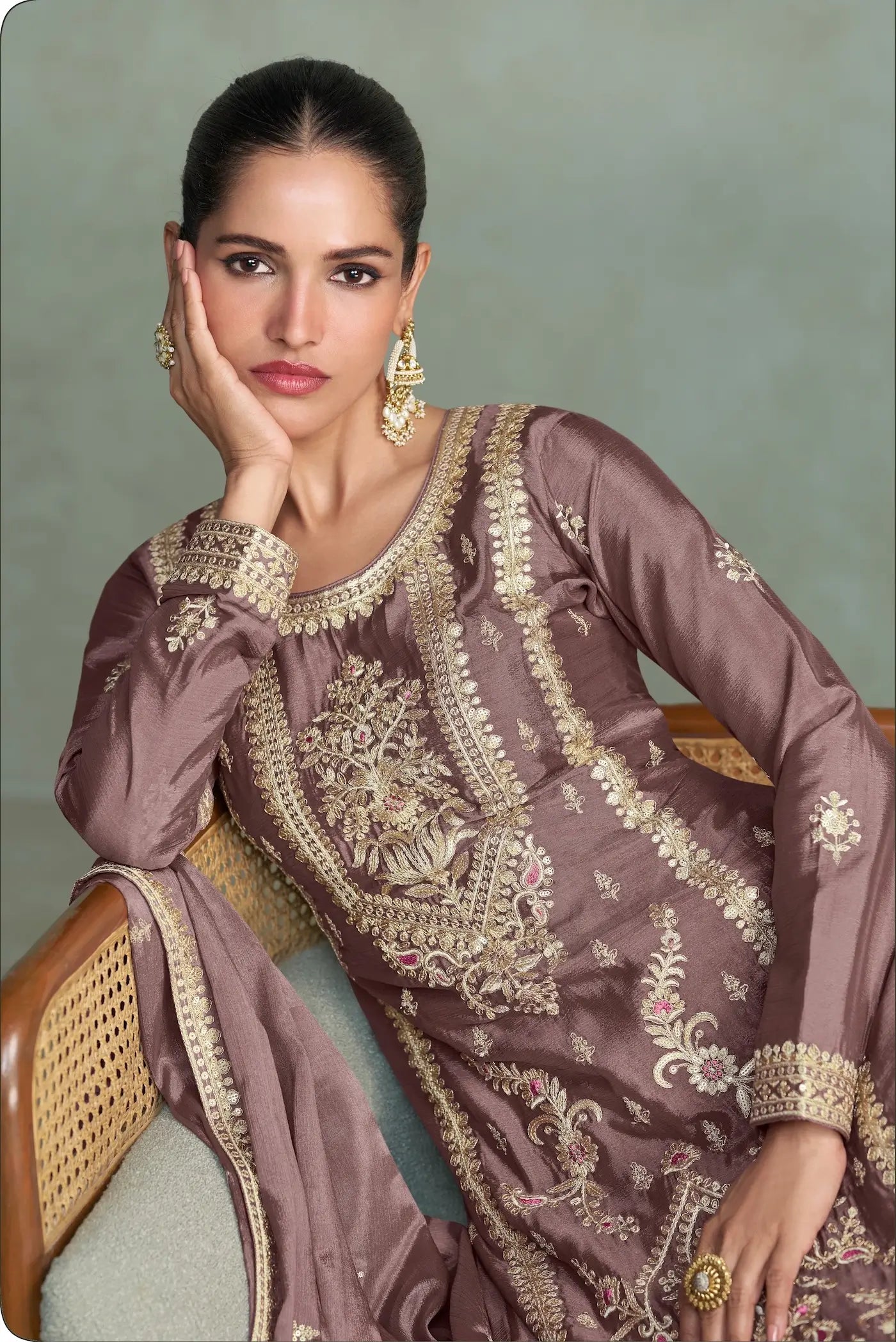 Cocoa Brown Chinon Silk Embroidery work Palazzo Suit