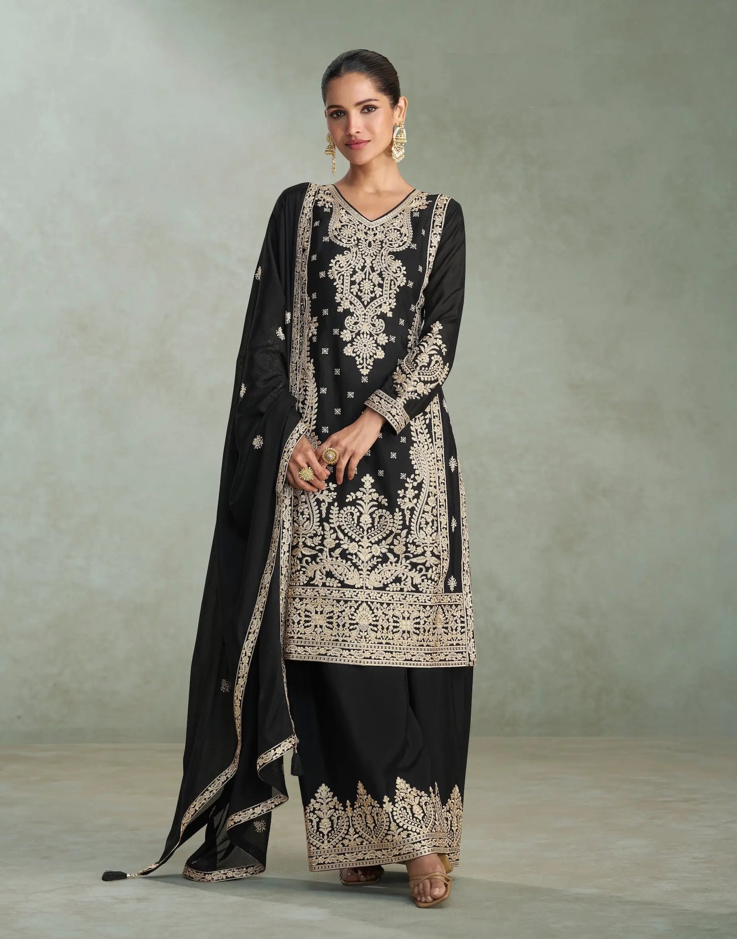 Black Chinon Silk Embroidery work Palazzo Suit