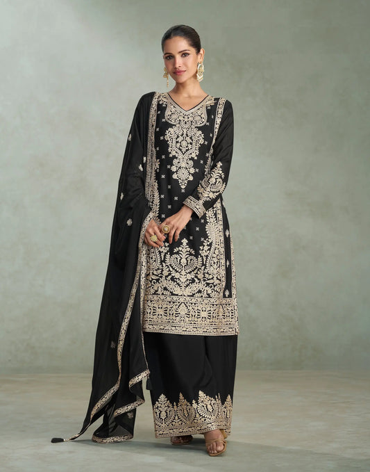 Black Chinon Silk Embroidery work Palazzo Suit