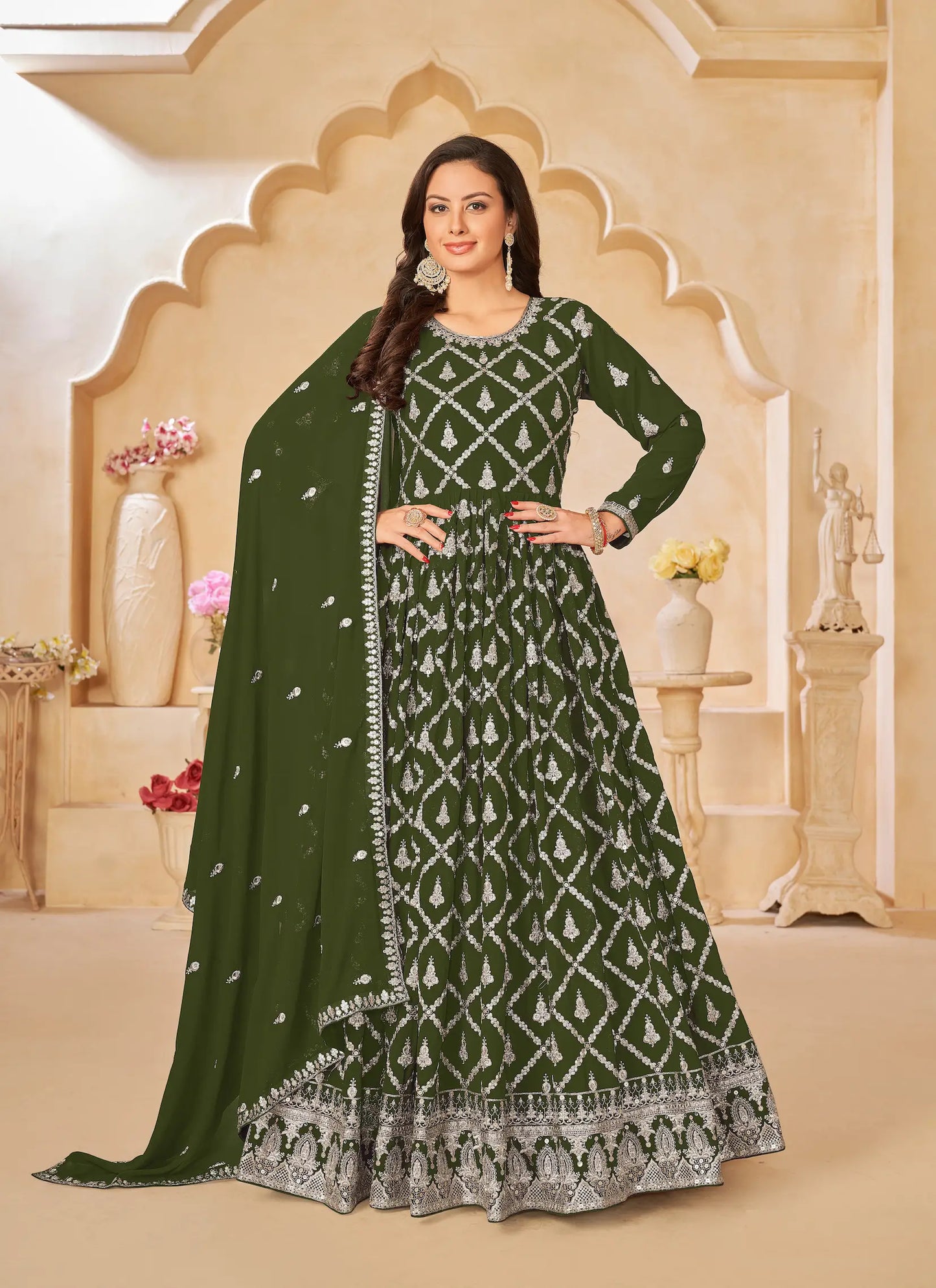 Army Green Georgette Gown With Sequins & Thread Embroidery Work