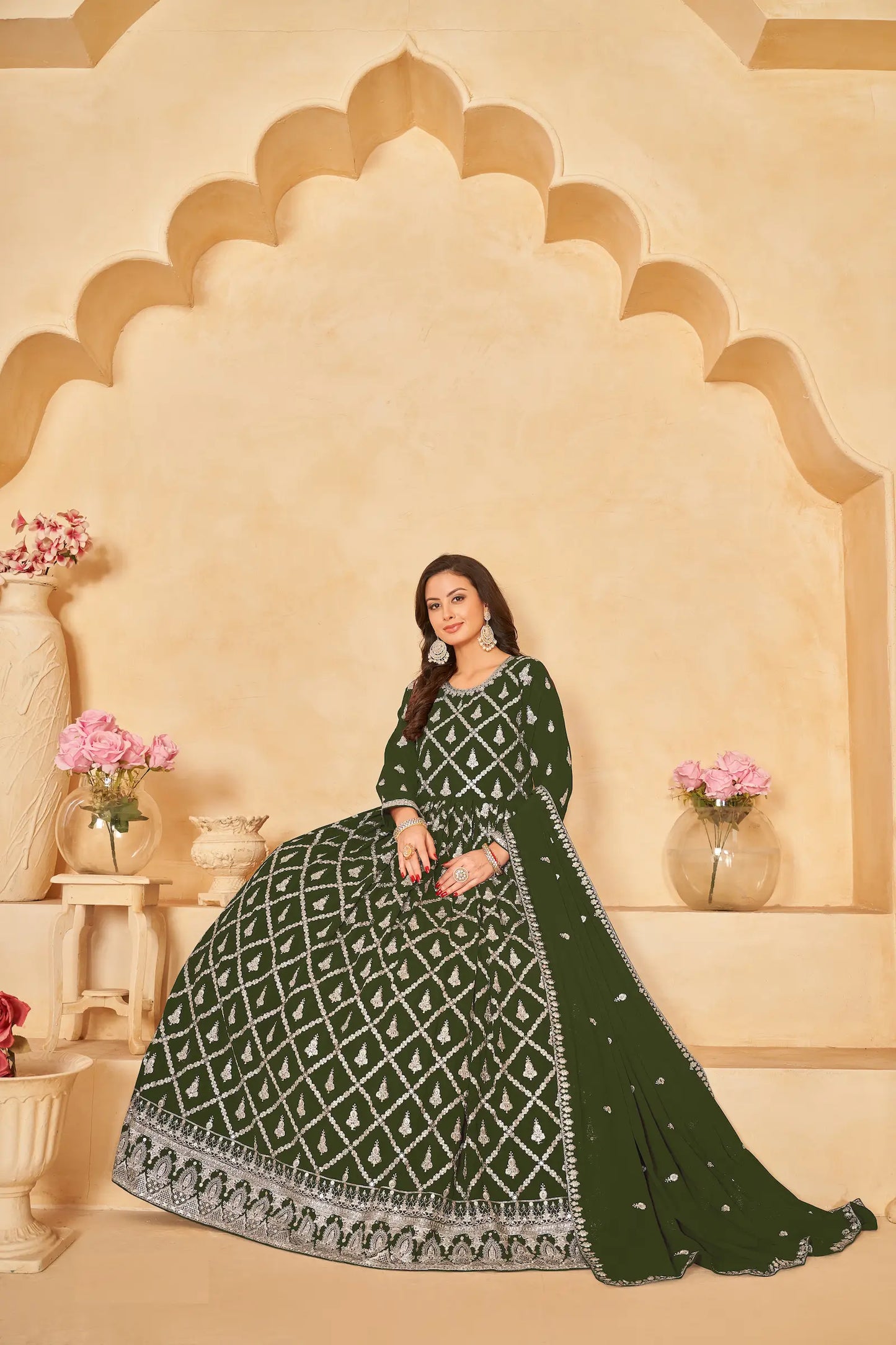 Army Green Georgette Gown With Sequins & Thread Embroidery Work