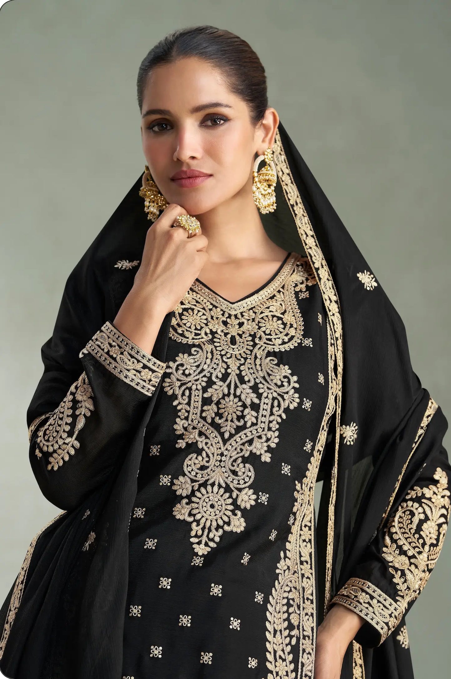 Black Chinon Silk Embroidery work Palazzo Suit