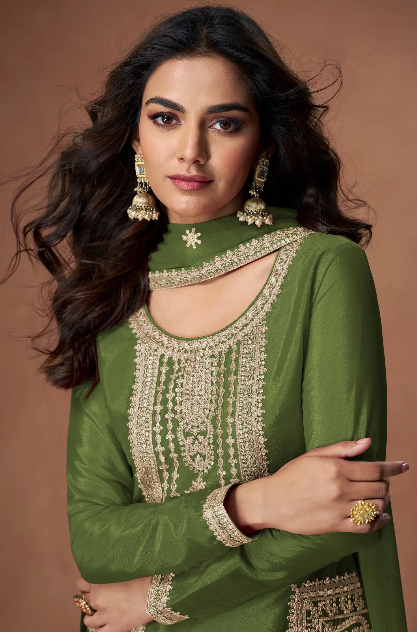 Army Green Chinon Silk Embroidery Work Palazzo Suit