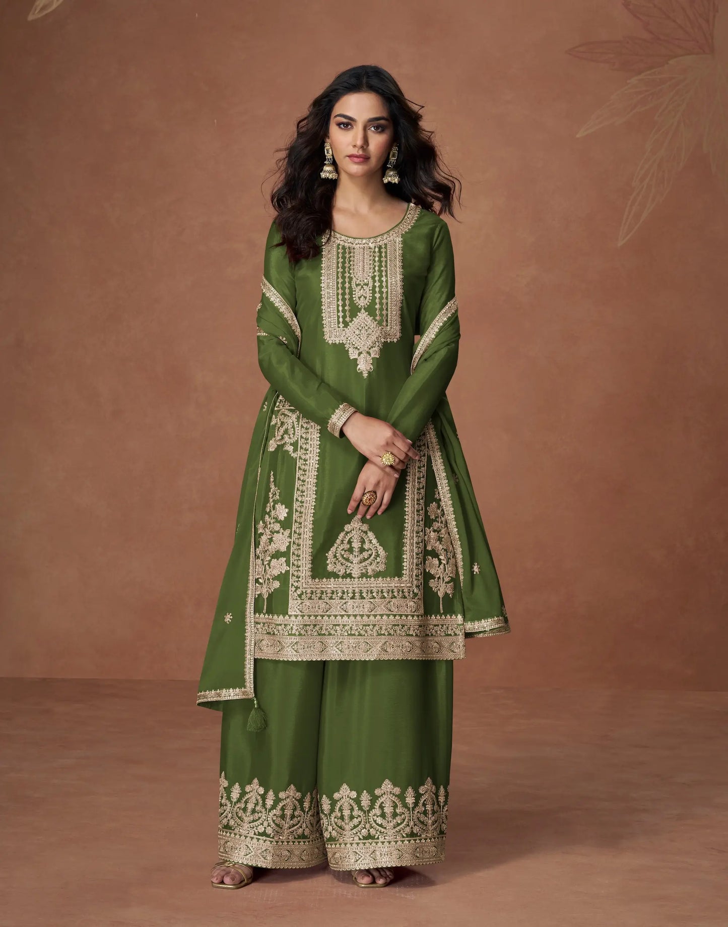 Army Green Chinon Silk Embroidery Work Palazzo Suit