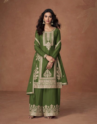 Army Green Chinon Silk Embroidery Work Palazzo Suit