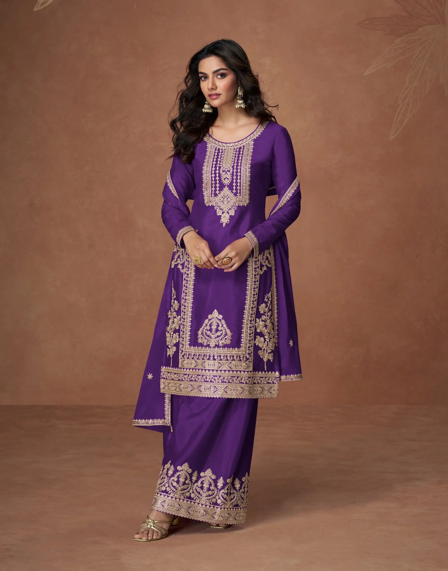 Iris Purple Chinon Silk Embroidery Work Palazzo Suit