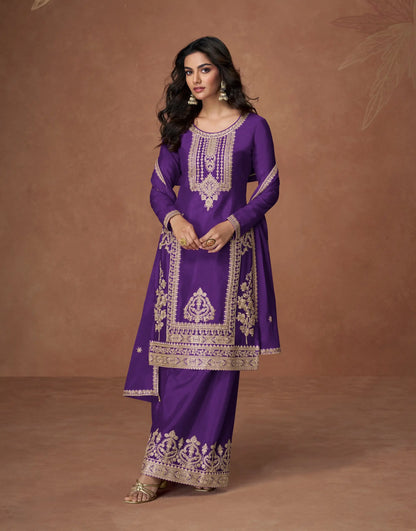 Iris Purple Chinon Silk Embroidery Work Palazzo Suit