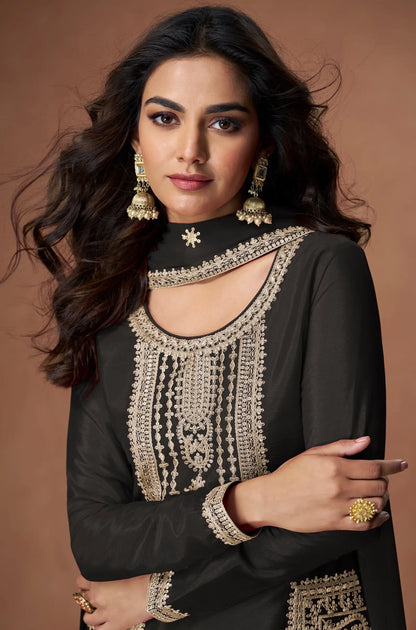 Hot Black Chinon Silk Embroidery Work Palazzo Suit