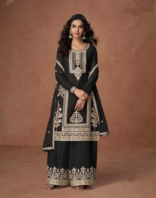 Hot Black Chinon Silk Embroidery Work Palazzo Suit