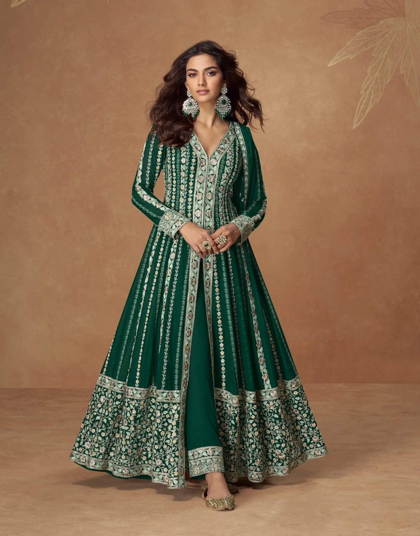 Deep Green Chinon Silk Embroidery Work Gown