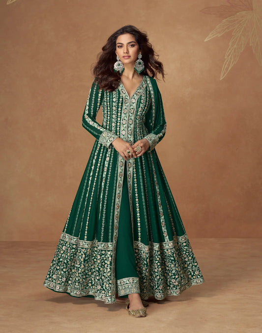 Deep Green Chinon Silk Embroidery Work Gown