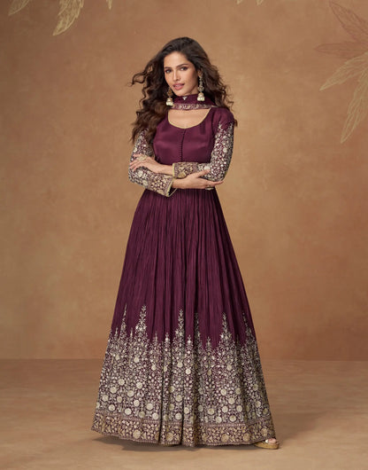 Wine Berry Chinon Silk Embroidery Work Gown