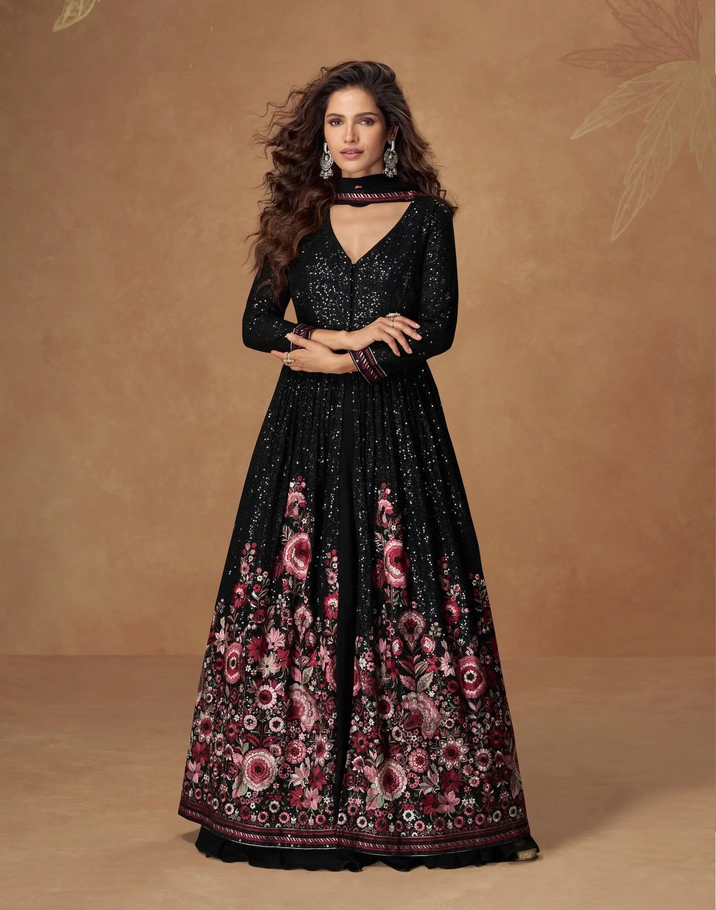 Hot Black Georgette Embroidery Work Gown
