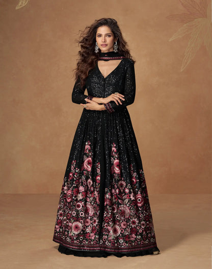 Hot Black Georgette Embroidery Work Gown