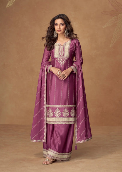 Tulip Pink Chinon Silk Palazzo Suit With Embroidery Work