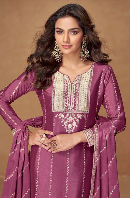 Tulip Pink Chinon Silk Palazzo Suit With Embroidery Work